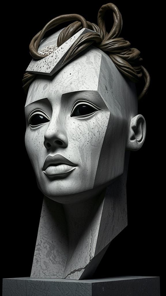 Brutalist Sculpture of Woman's Face in Concrete