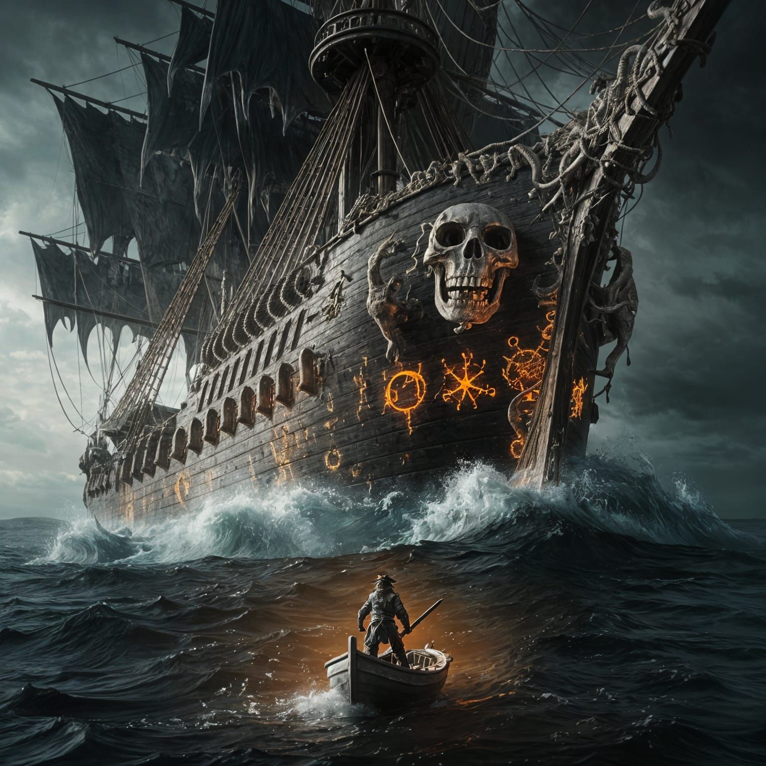 Pirate Galleon Rises from Black Ocean in Dark Fantasy