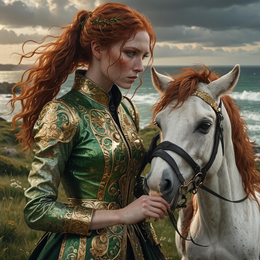 Red Haired Girl and Pony, Klimt-Inspired Painting