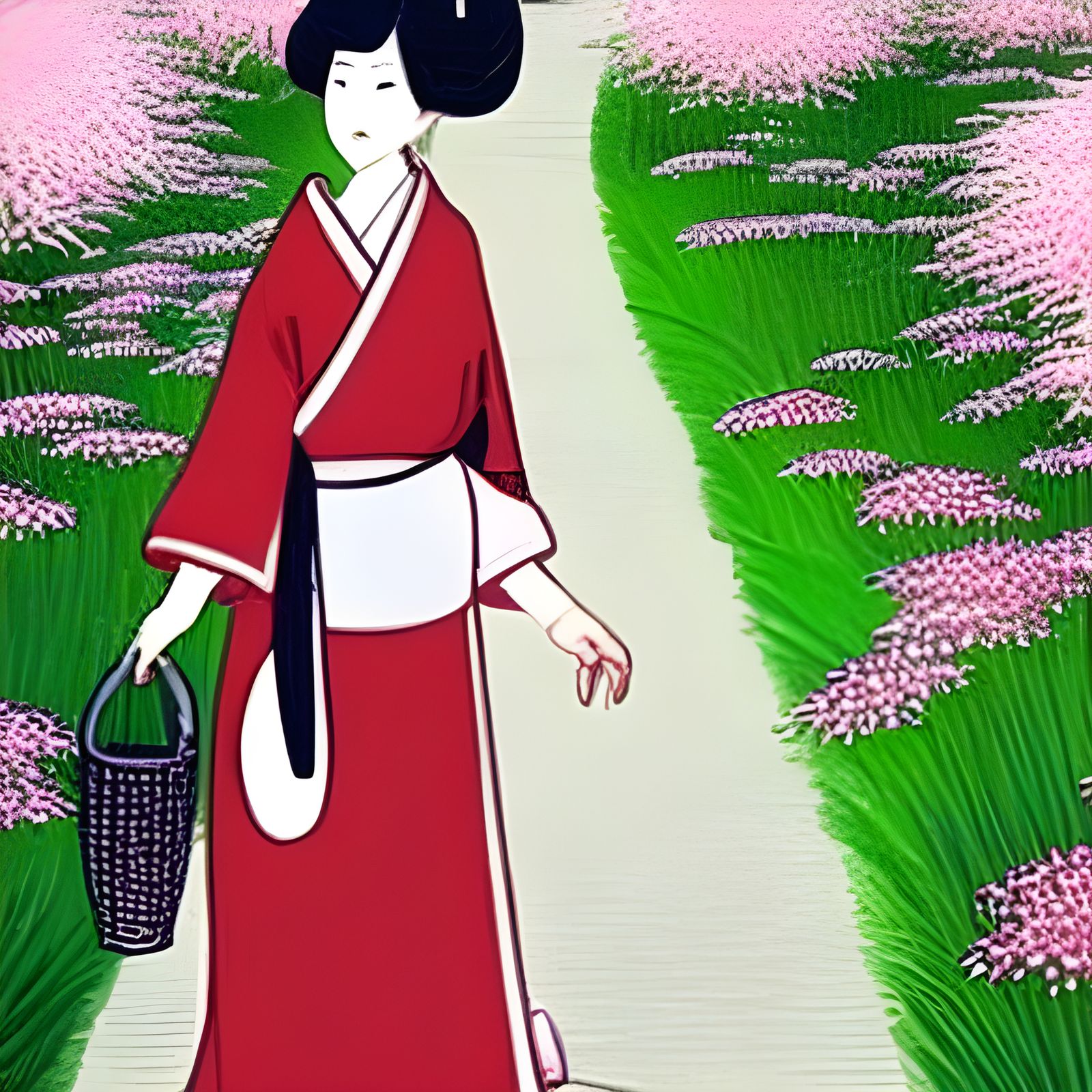 Japanese woman with a parasole. Walking on a stone path thro...