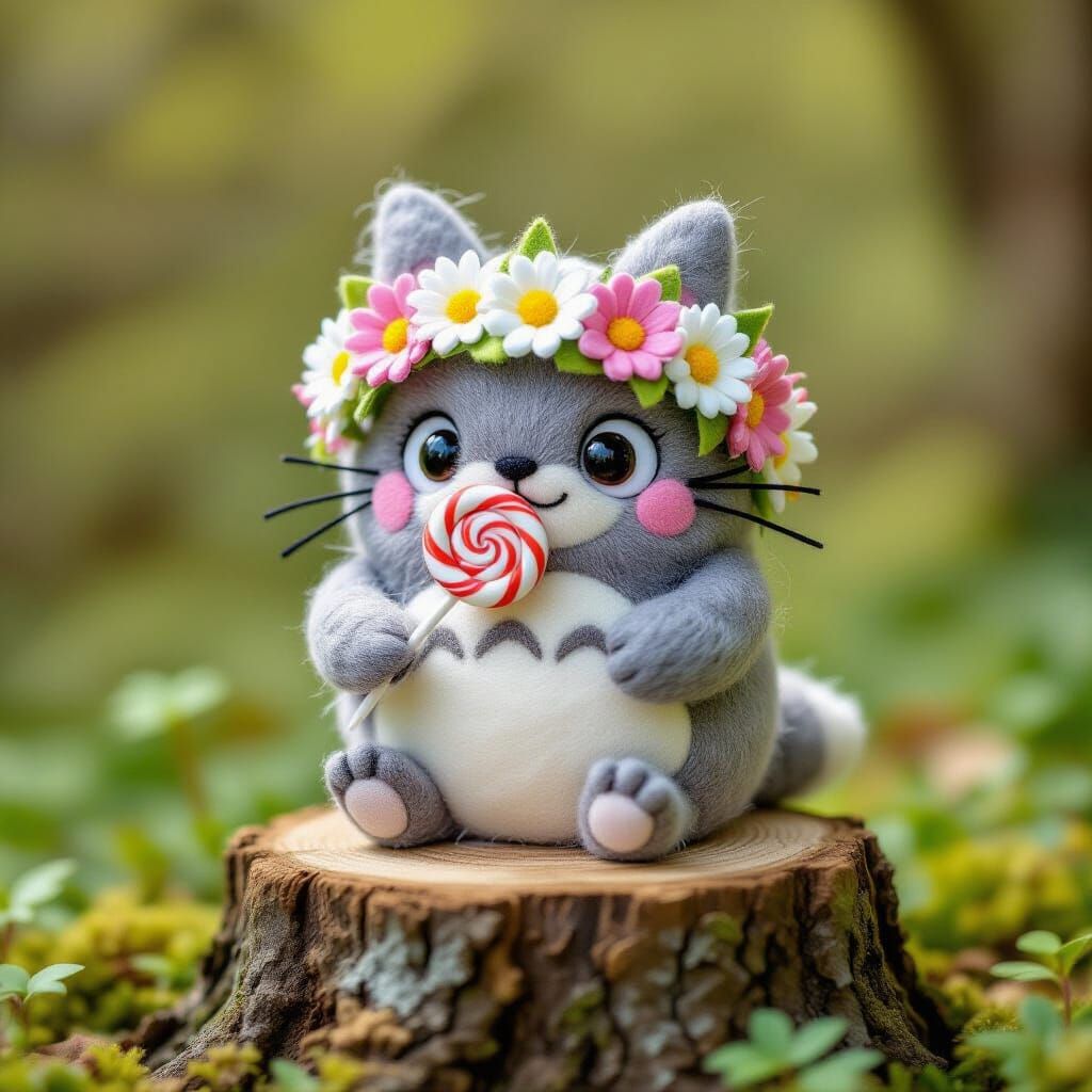 Cute Felt Totoro with Lollipop and Flower Crown