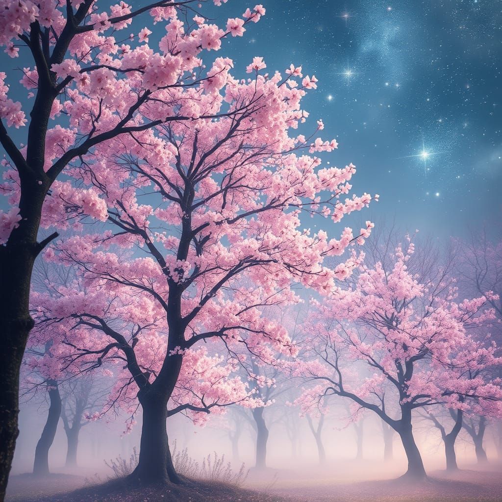 Celestial Cherry Tree Forest in Whimsical Galaxy Style