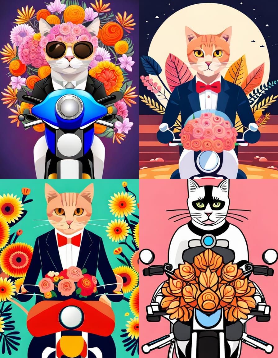 Animal Cat on Motorcycle with Flowers, Art Nouveau