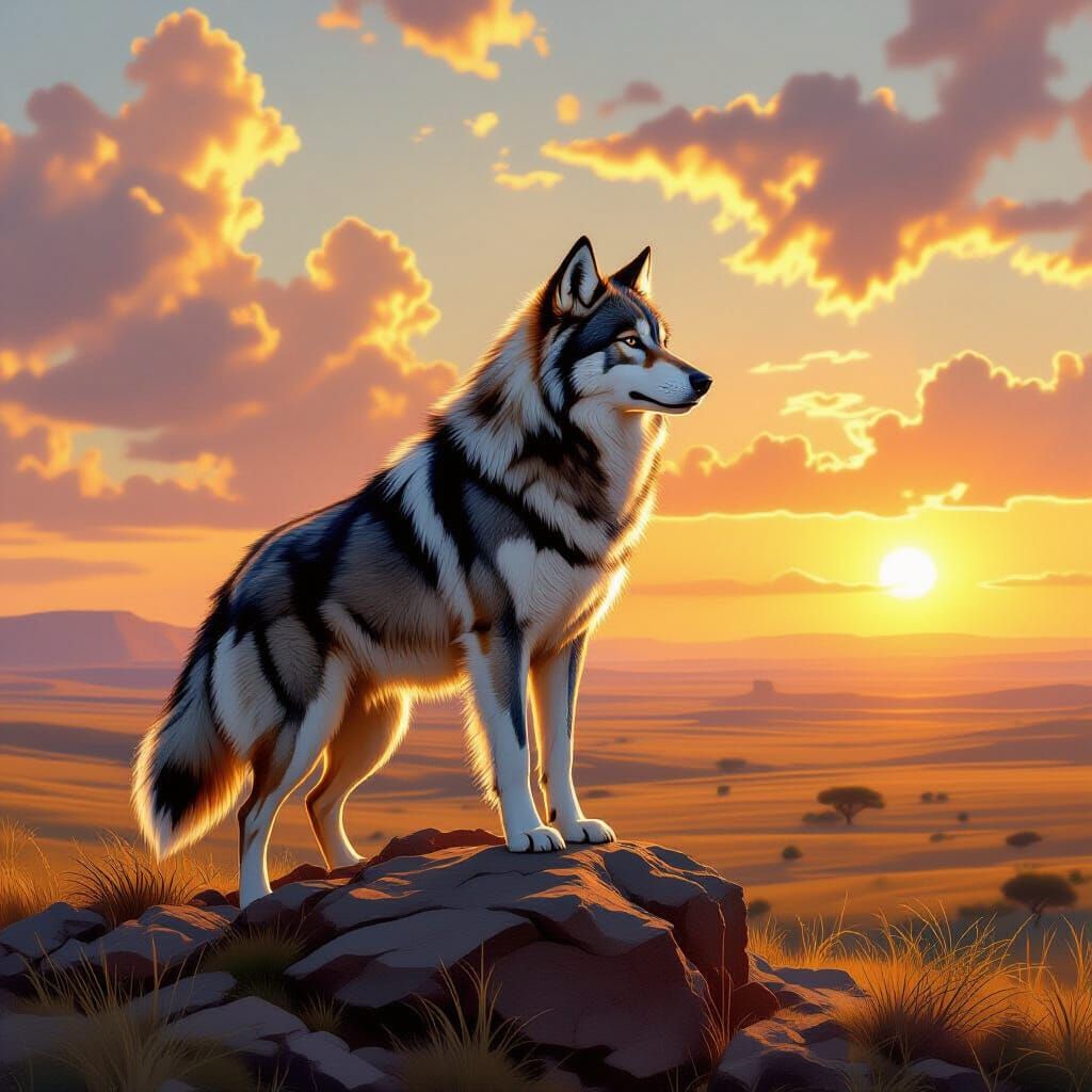 Wolf-Husky Hybrid Overlooking Savannah in Digital Painting S...