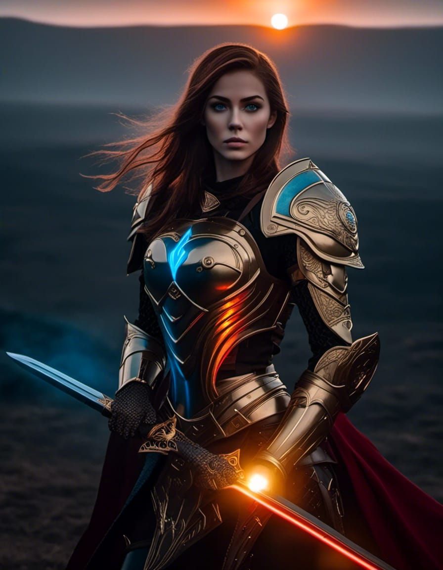 Aerial view of Female armored elvish warrior, brown hair, blue eyes, holding sword and shield on battlefield. red, black...