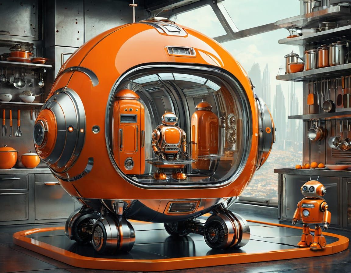 Pristine Chrome Kitchen with Orange Robot