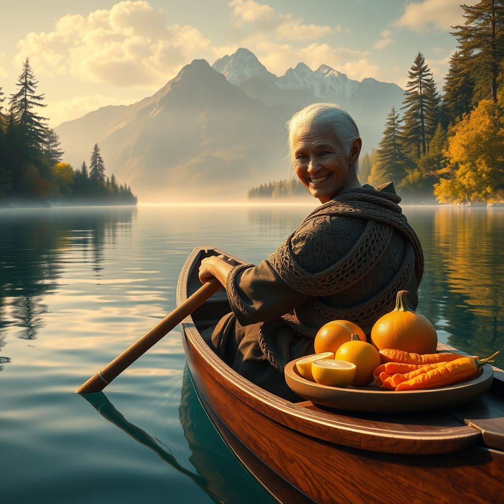 Ethereal Firbolg Soldier Rows Wooden Boat Across Serene Lake