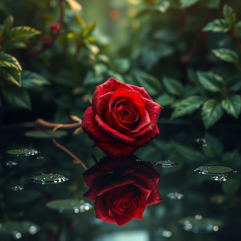 Crimson Rose Reflected in Emerald Pool