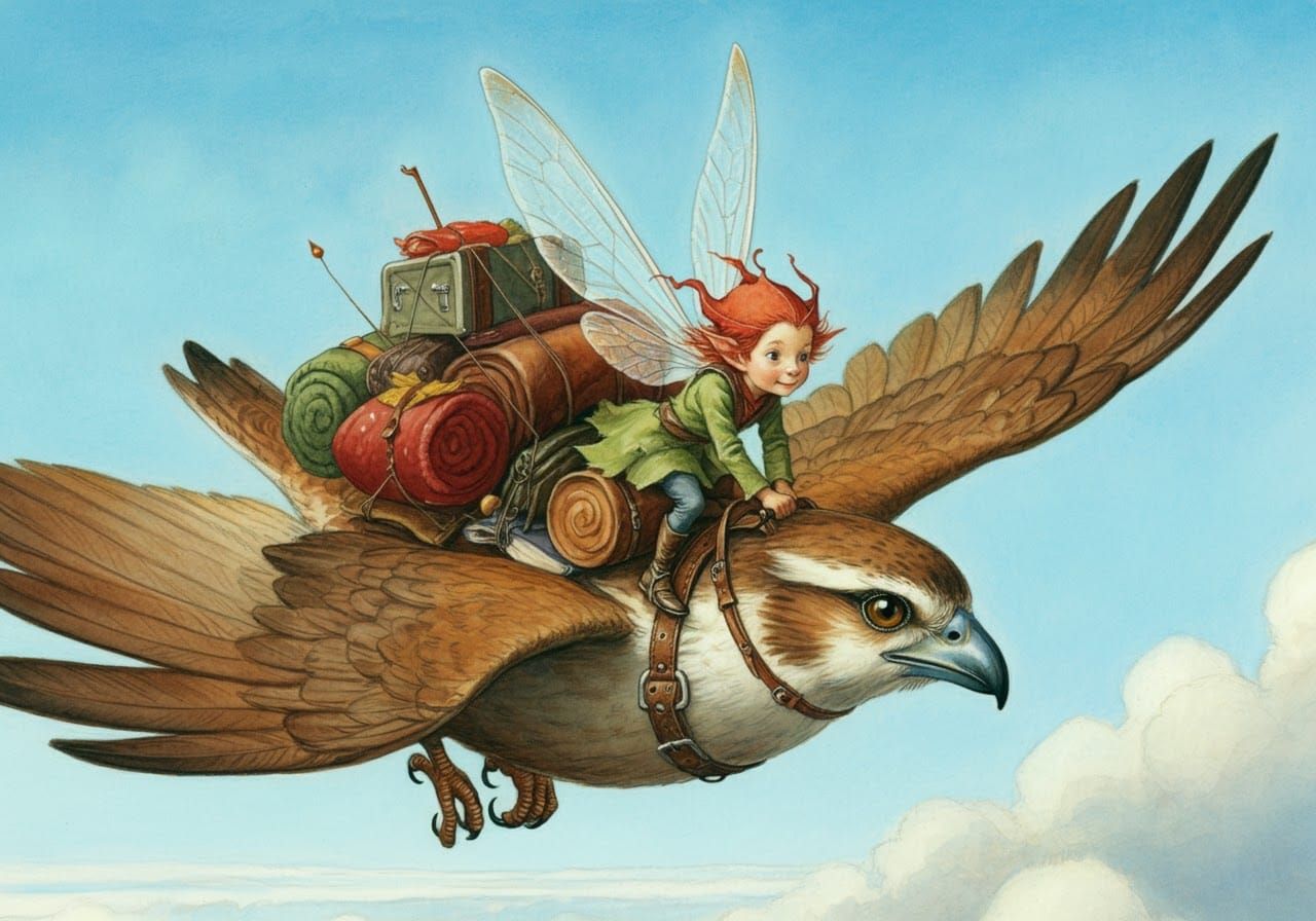 Pixie Rides a Bird in Colorful Fantasy Art