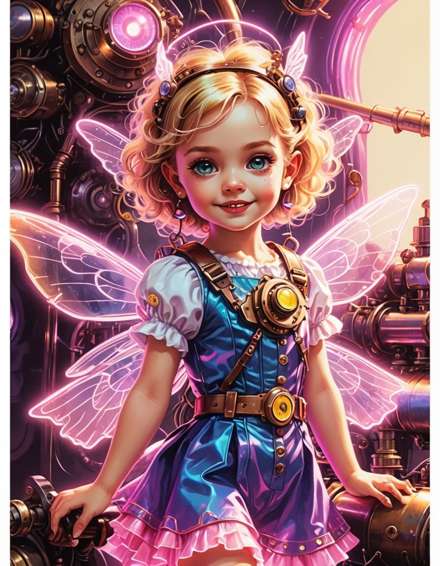 Tooth fairy cheeky looking steampunk engine synthwave neon retro