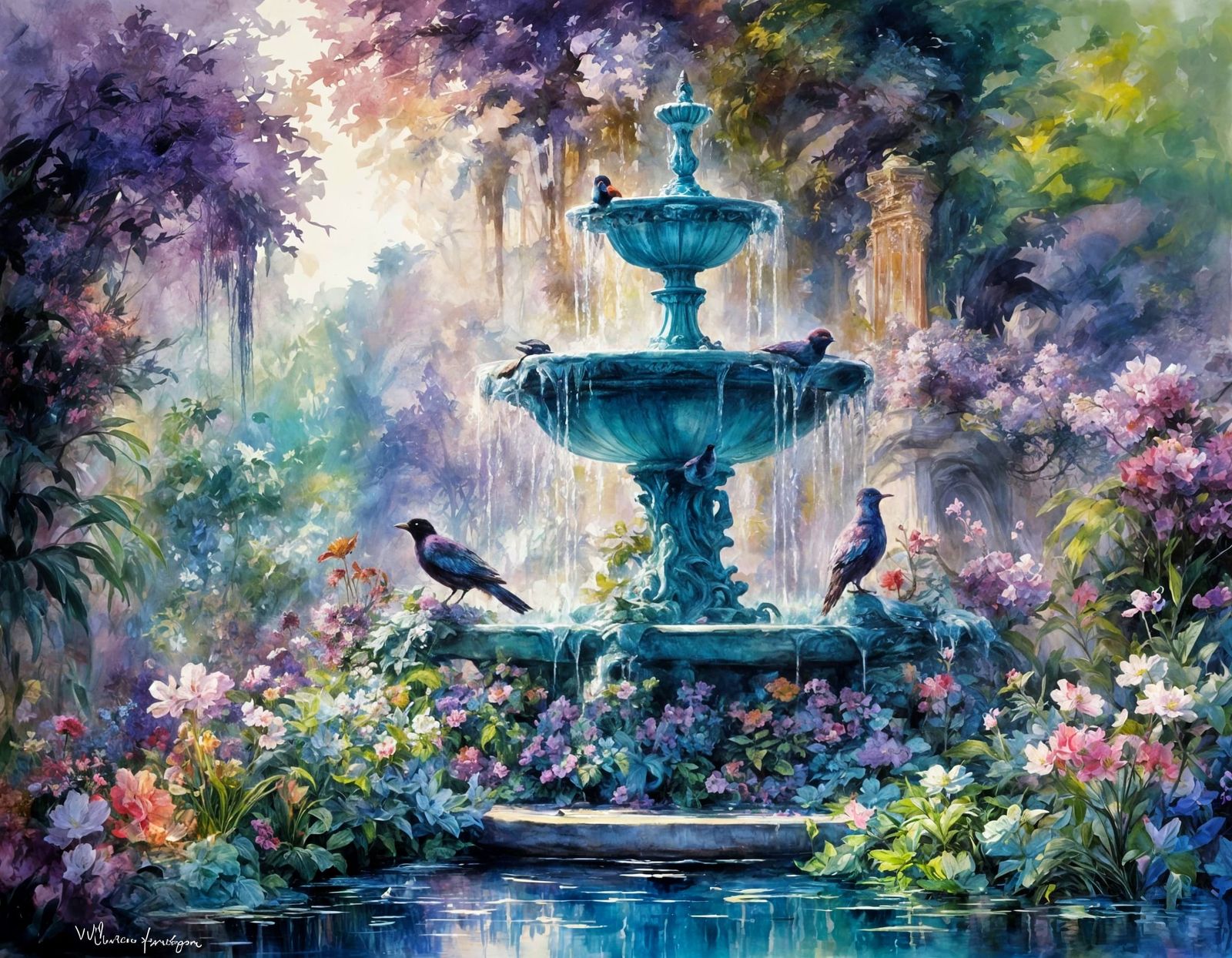 Magical Garden Fountain with Purple Birds