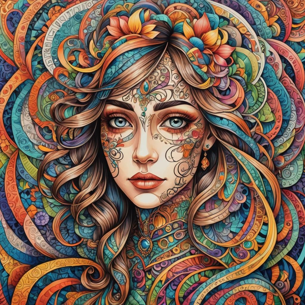 Psychedelic Zentangle Portrait in Cubist Style