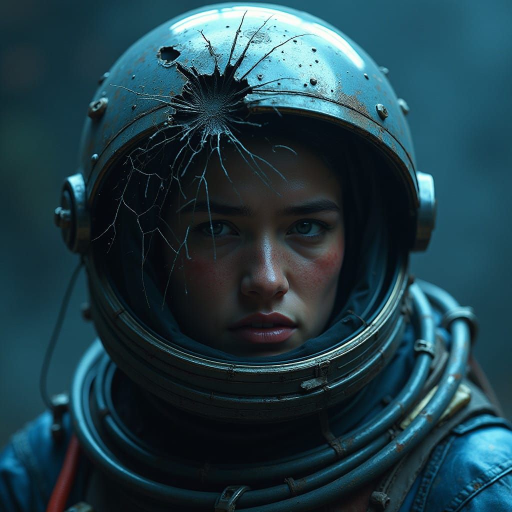 Astronaut in Distressed Spacesuit with Damaged Helmet