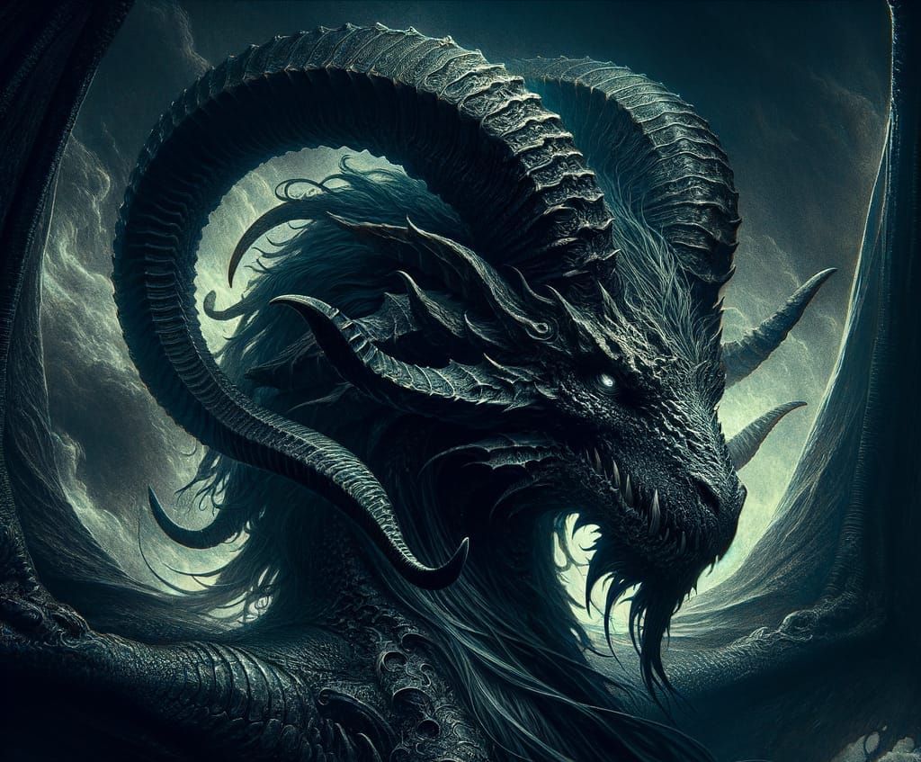 Ancient Black Dragon with Ominous Scales in Romantic Style