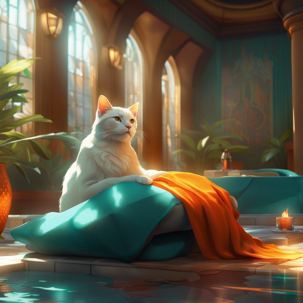 Cat Relaxation at the Spa: Hyperdetailed Concept Art