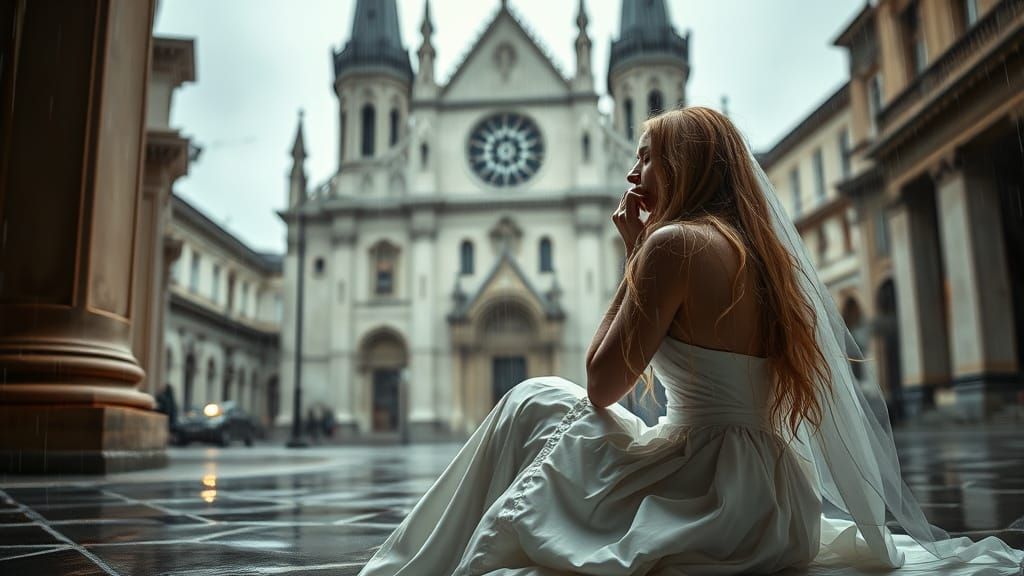 Woman in Wedding Dress Crying in Cathedral City