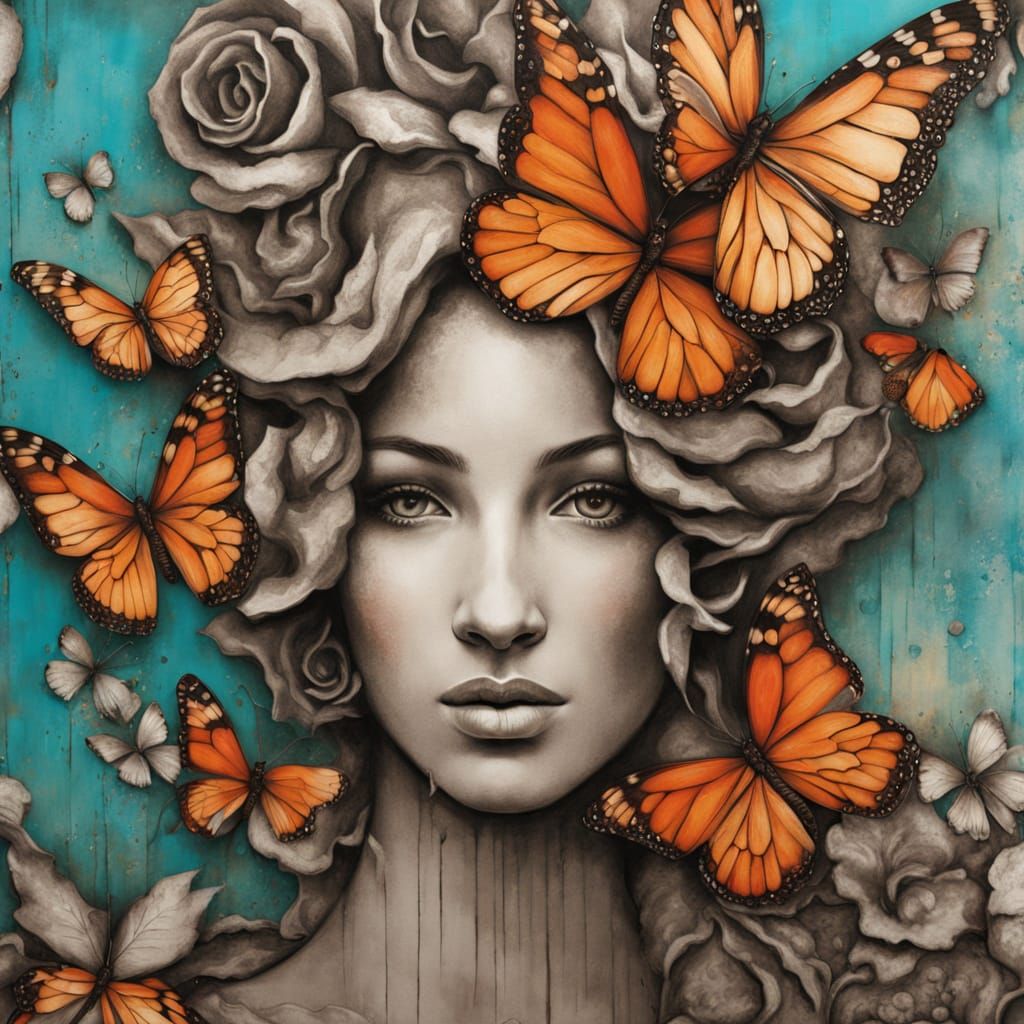 Coffee Bean Empress Mural Art with Butterflies