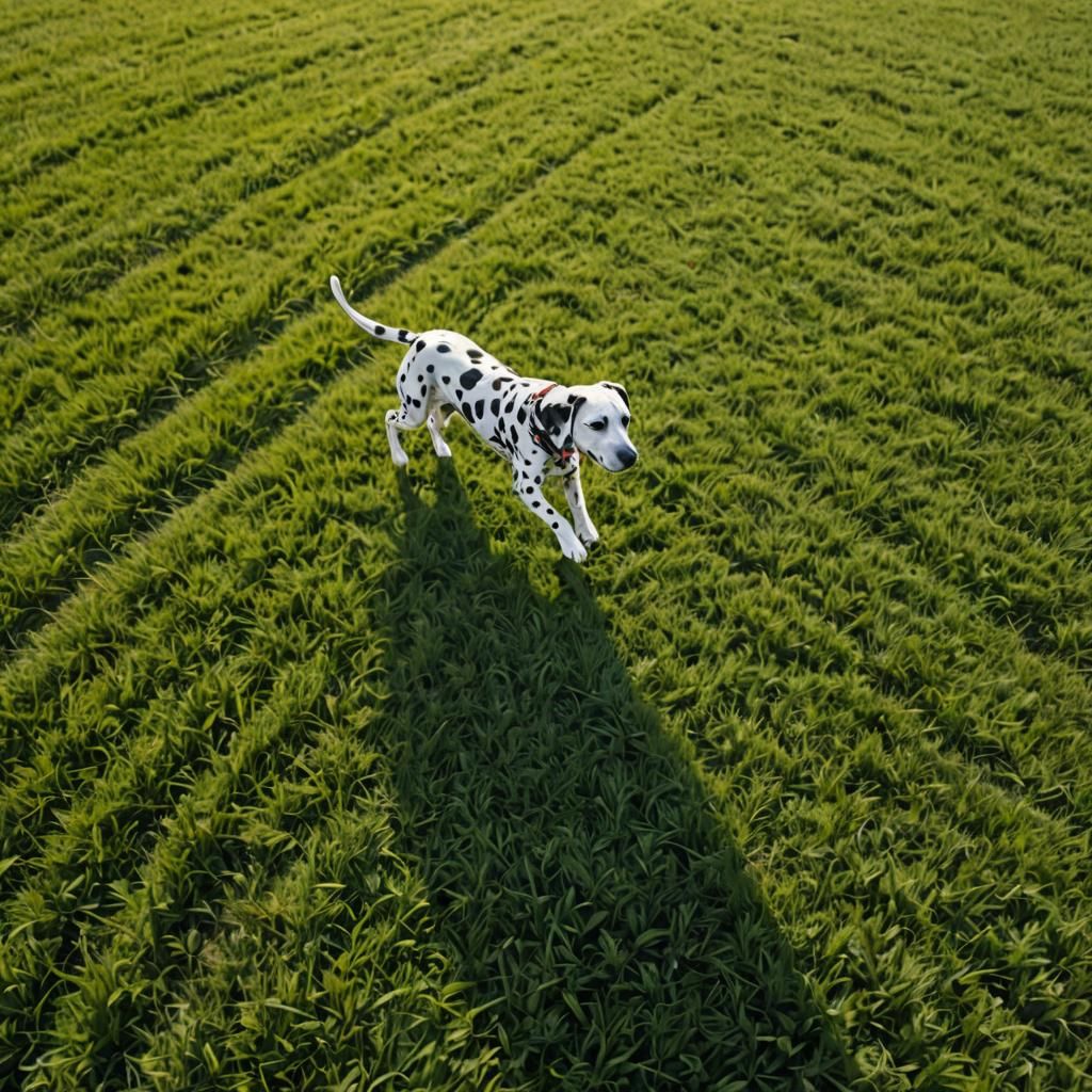 Dalmatian Dog Runs in Green Field: Bird's Eye View