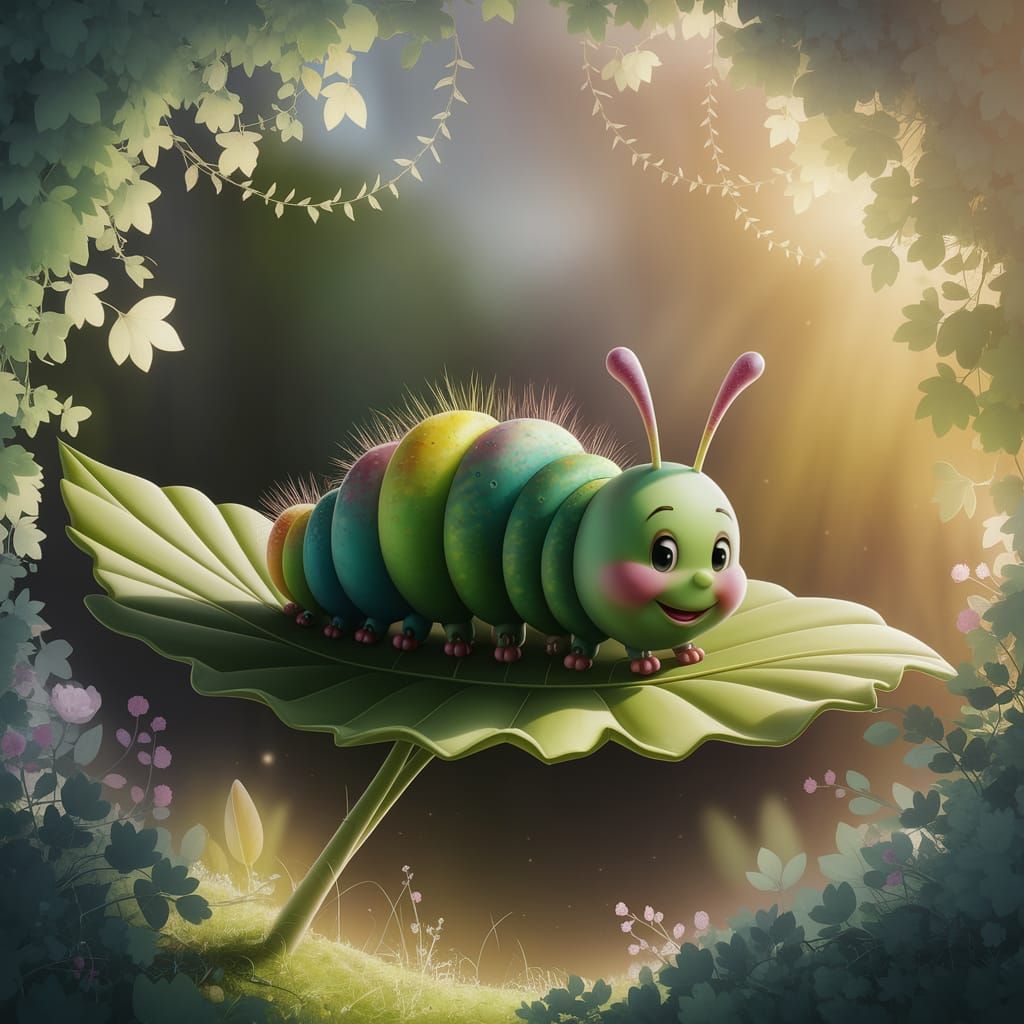 Smiling Caterpillar on Leaf in Animated Style