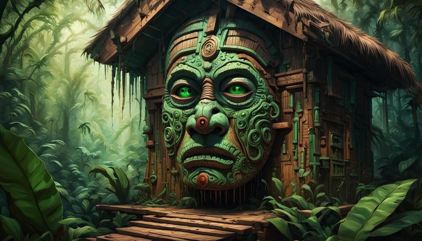 Vibrant Aztec Jungle Hut with Glowing Eyes and Jagged Teeth...