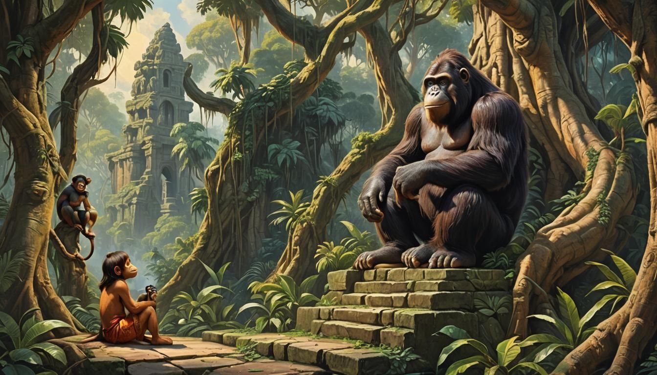 Mowgli Being Guarded By an Ape waiting for King Louie to arr...