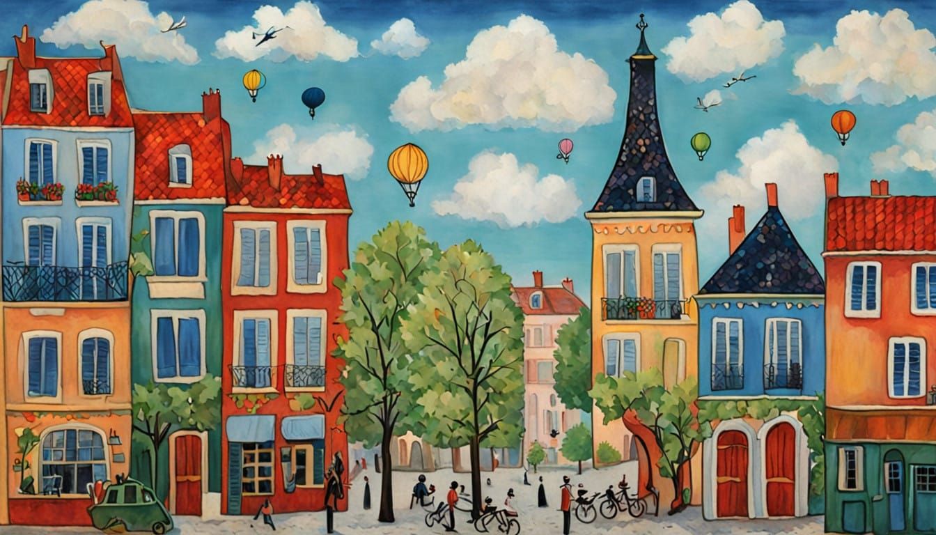 Whimsical Parisian Cityscape in Naive Folk Art Style