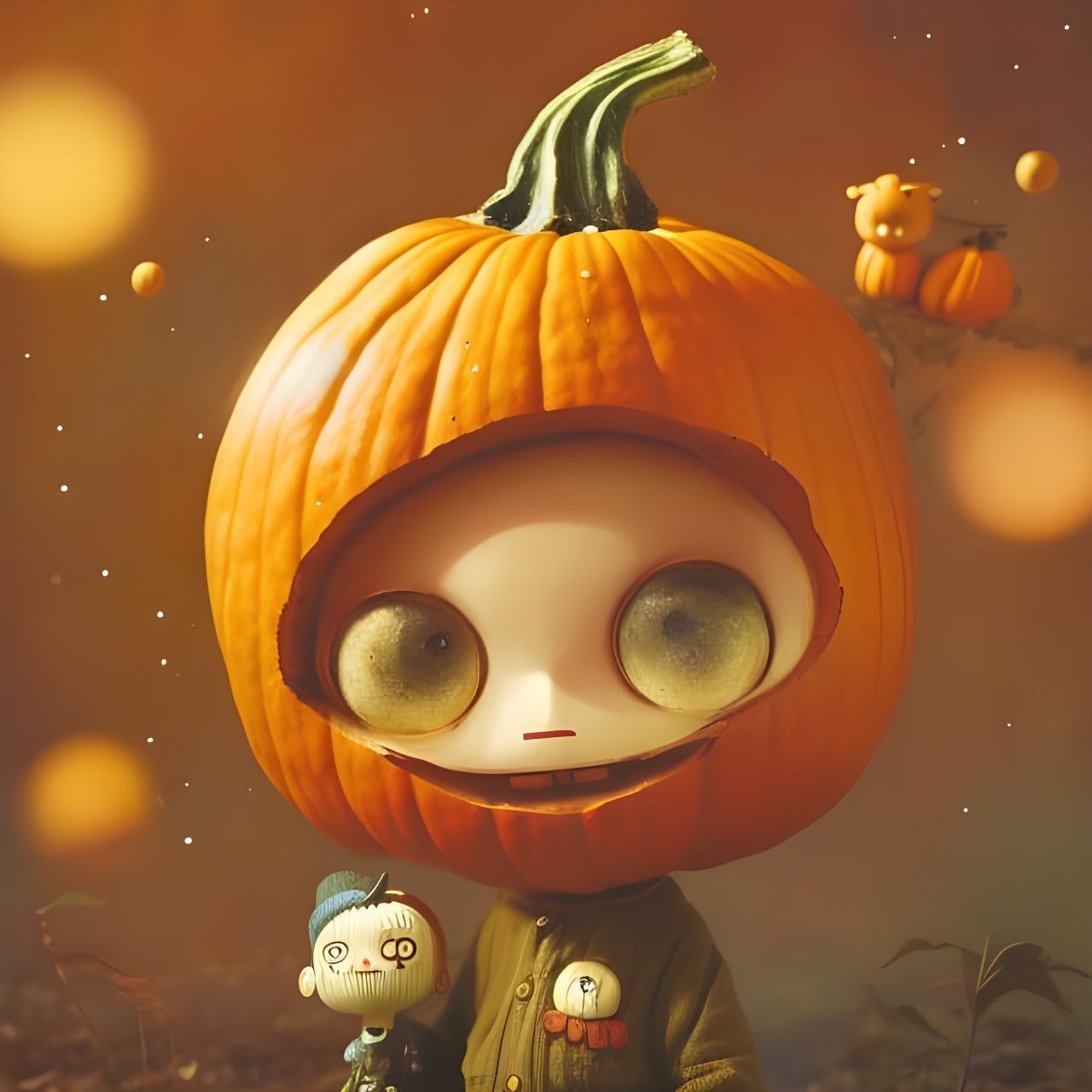 Adorable Chibi Pumpkin Boy Portrait in Mixed Media