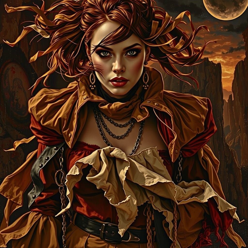 Glamorous Woman on Windswept Moor at Twilight