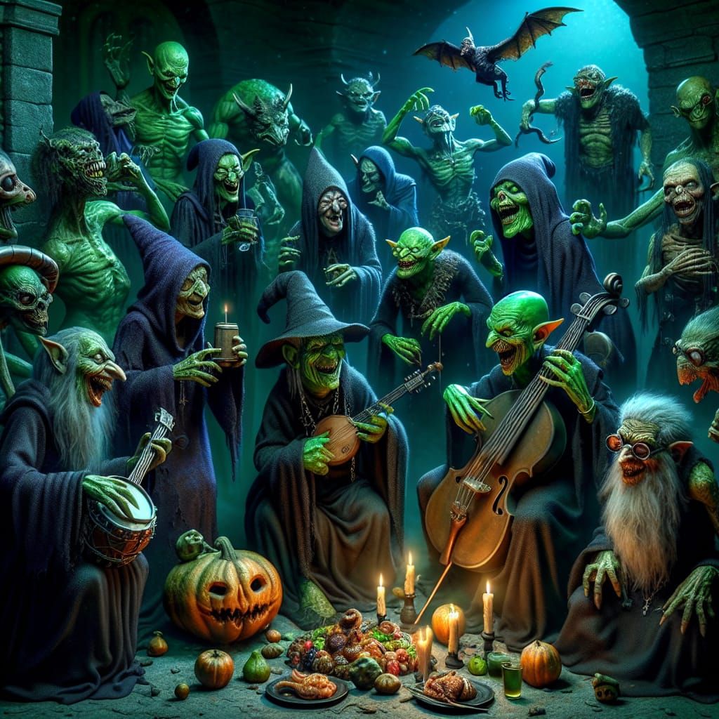 Hyper-Realistic Monster Party in Candlelit Cavern