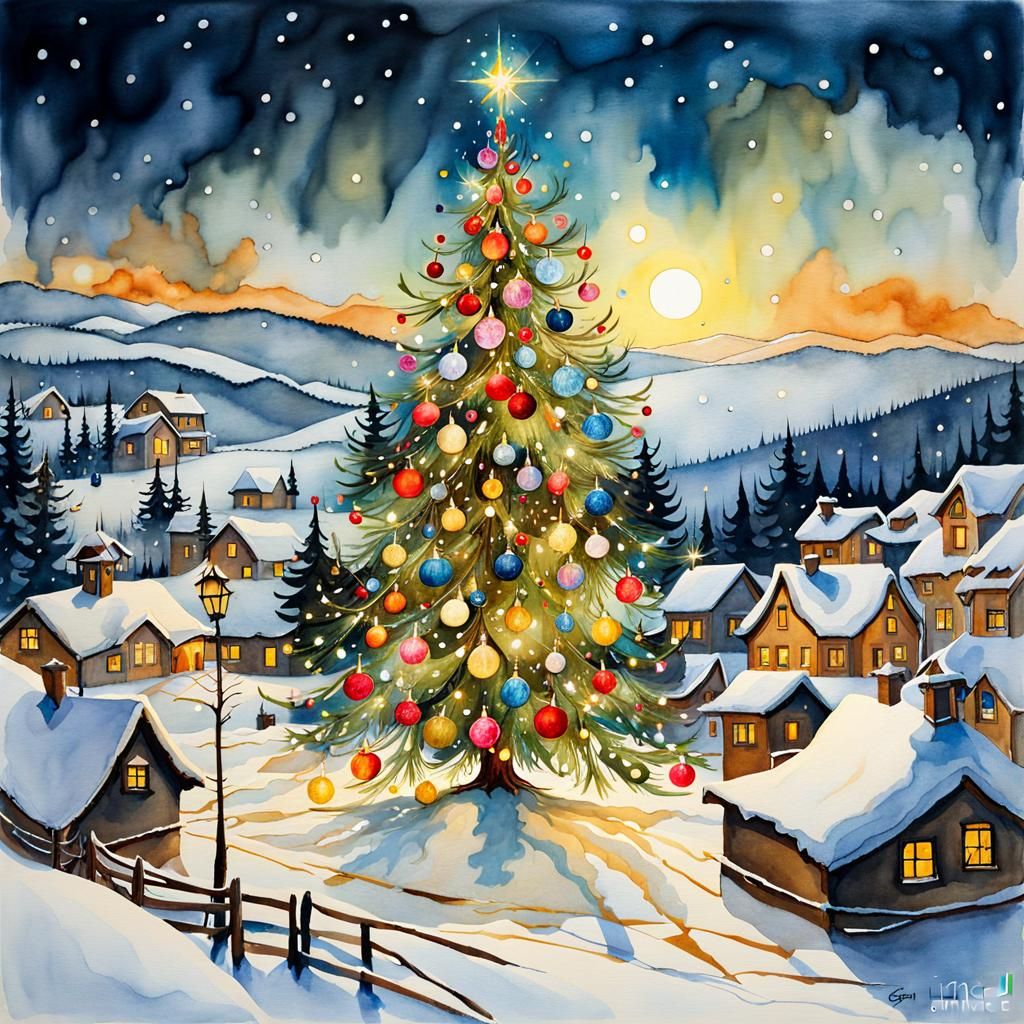 Christmas Tree in Snow: Watercolor Art