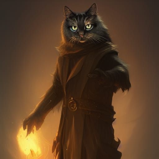 Wizard and Cat Familiar in Dark Fantasy Style