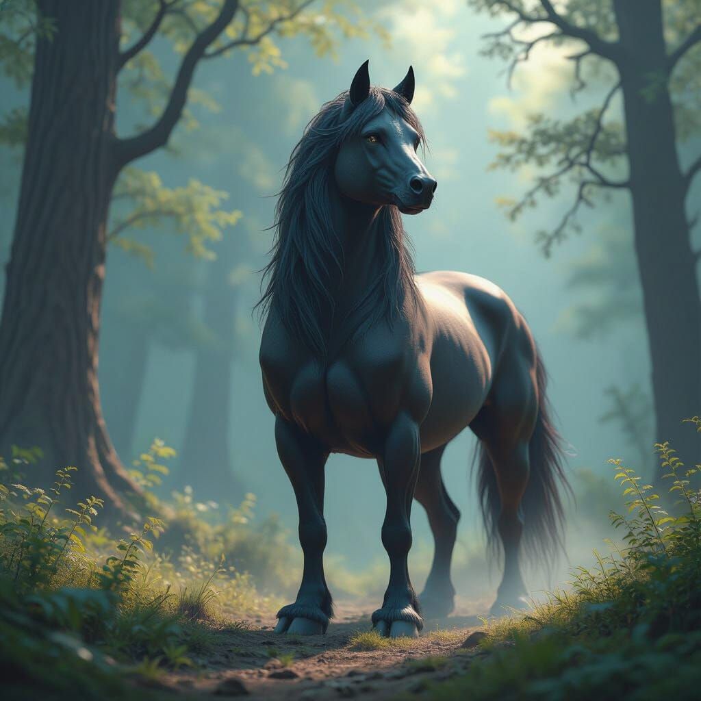 Majestic Dog-Horse Hybrid in Mystical Forest Clearing