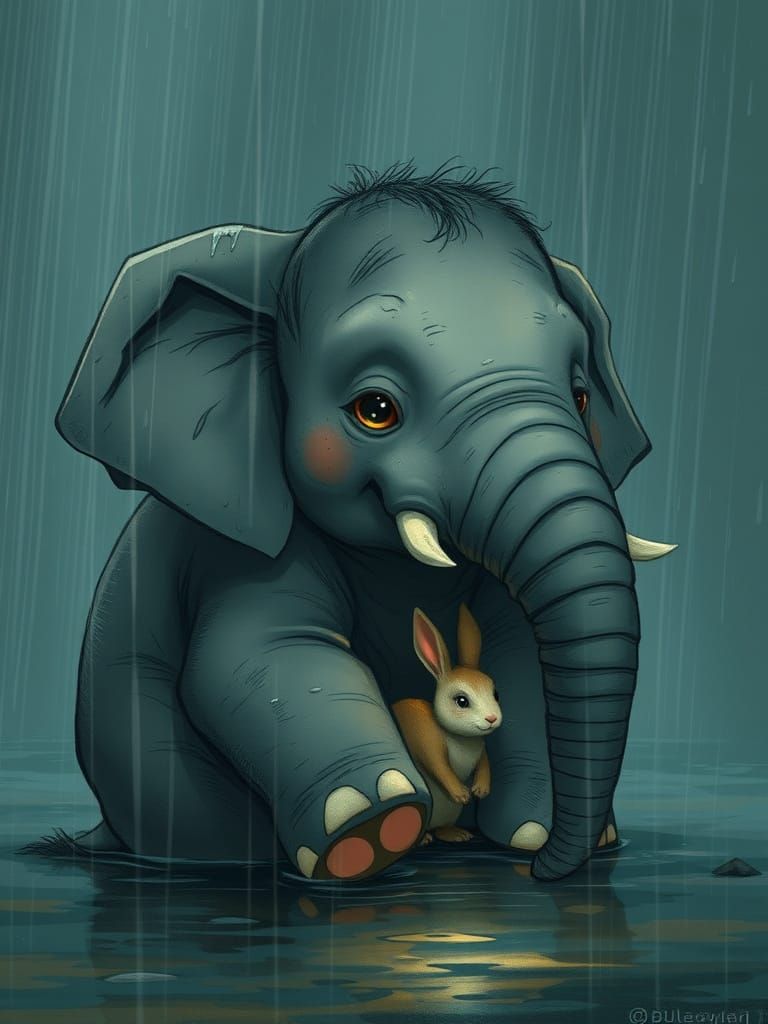 Elephant Shelters Rabbit in Heavy Rain