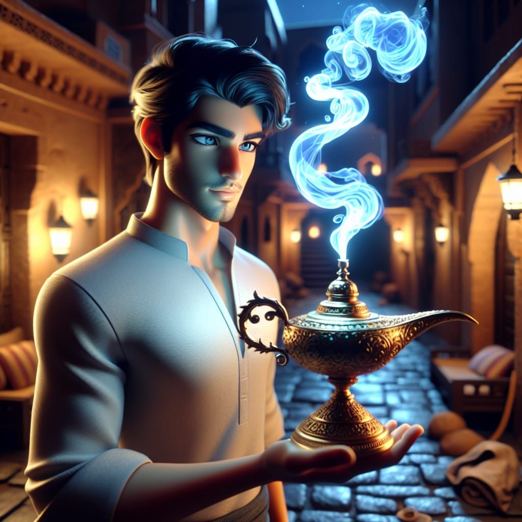 Disney Pixar style 3D handsome Aladdin, holding his fancy la...