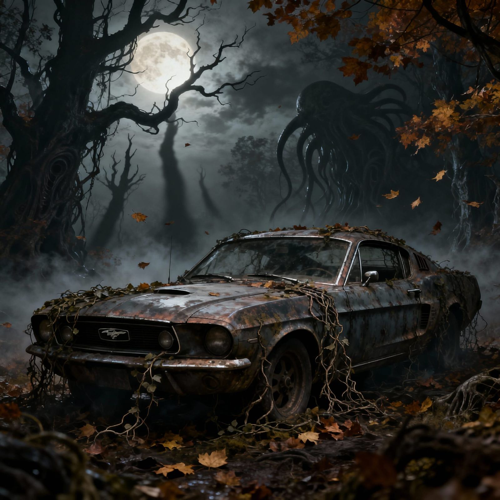 Abandoned Mustang in Haunted Autumn Forest
