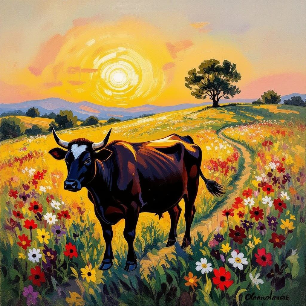 Dark Brown Cow with Black Features in Flower Field at Sunset