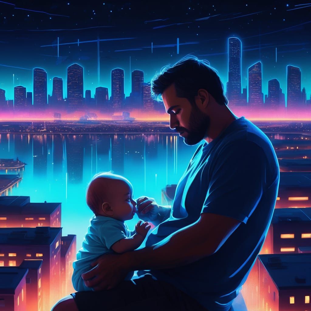 Father and Baby Under Starlight: Neon Cityscape