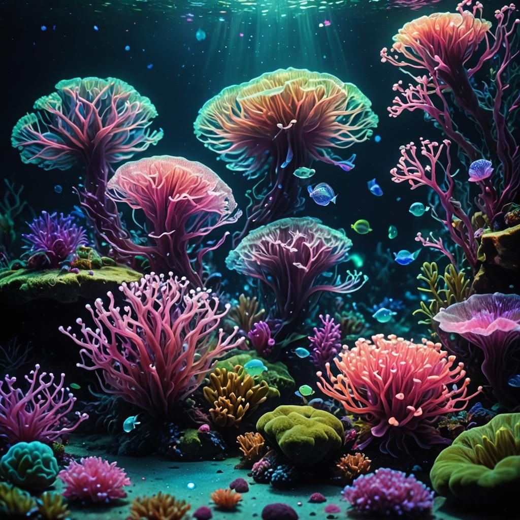 Bioluminescent Underwater Scene in Fluorescent Colors