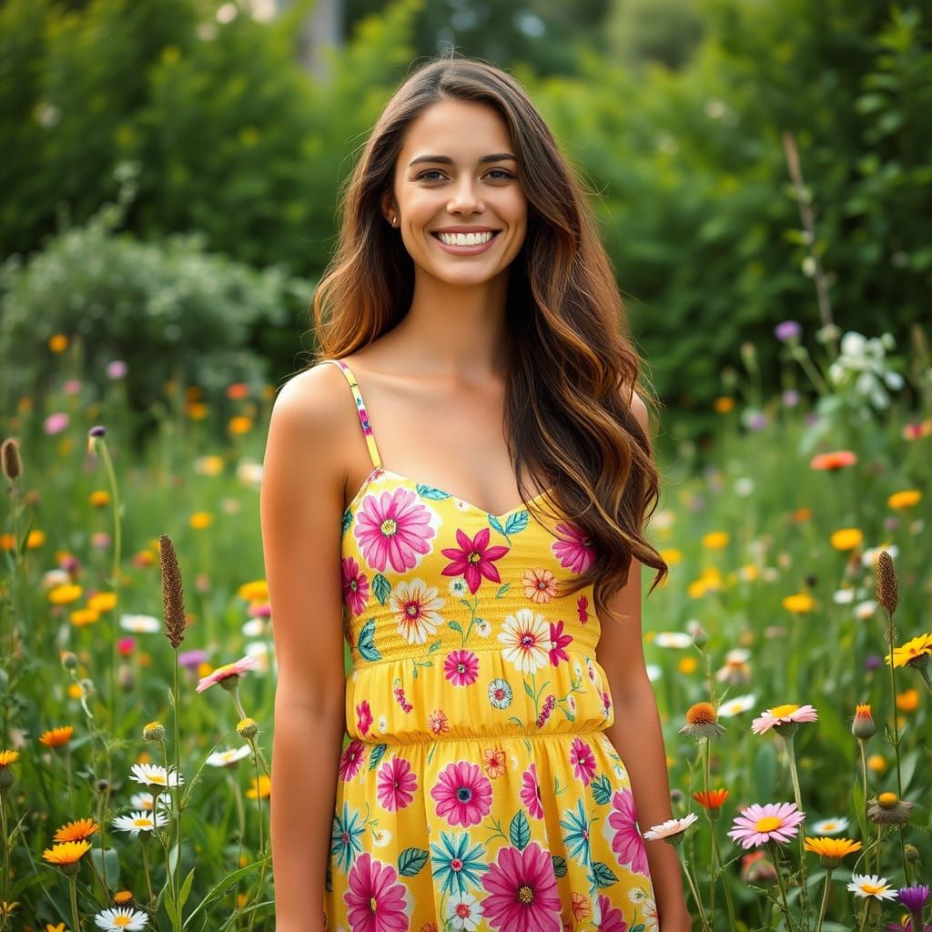 Smiling Woman in Meadow Inspired by Pop Surrealism
