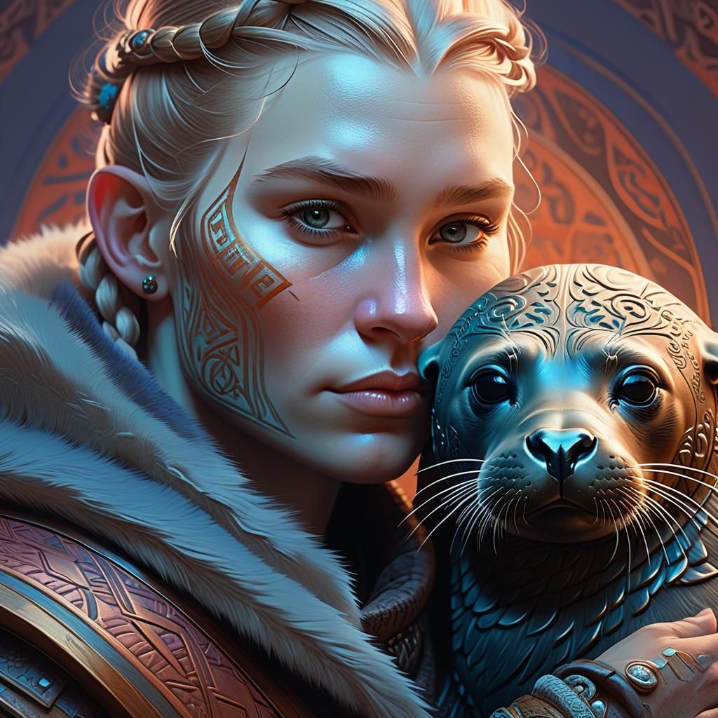Viking Baby Seal Portrait in Art Nouveau Style