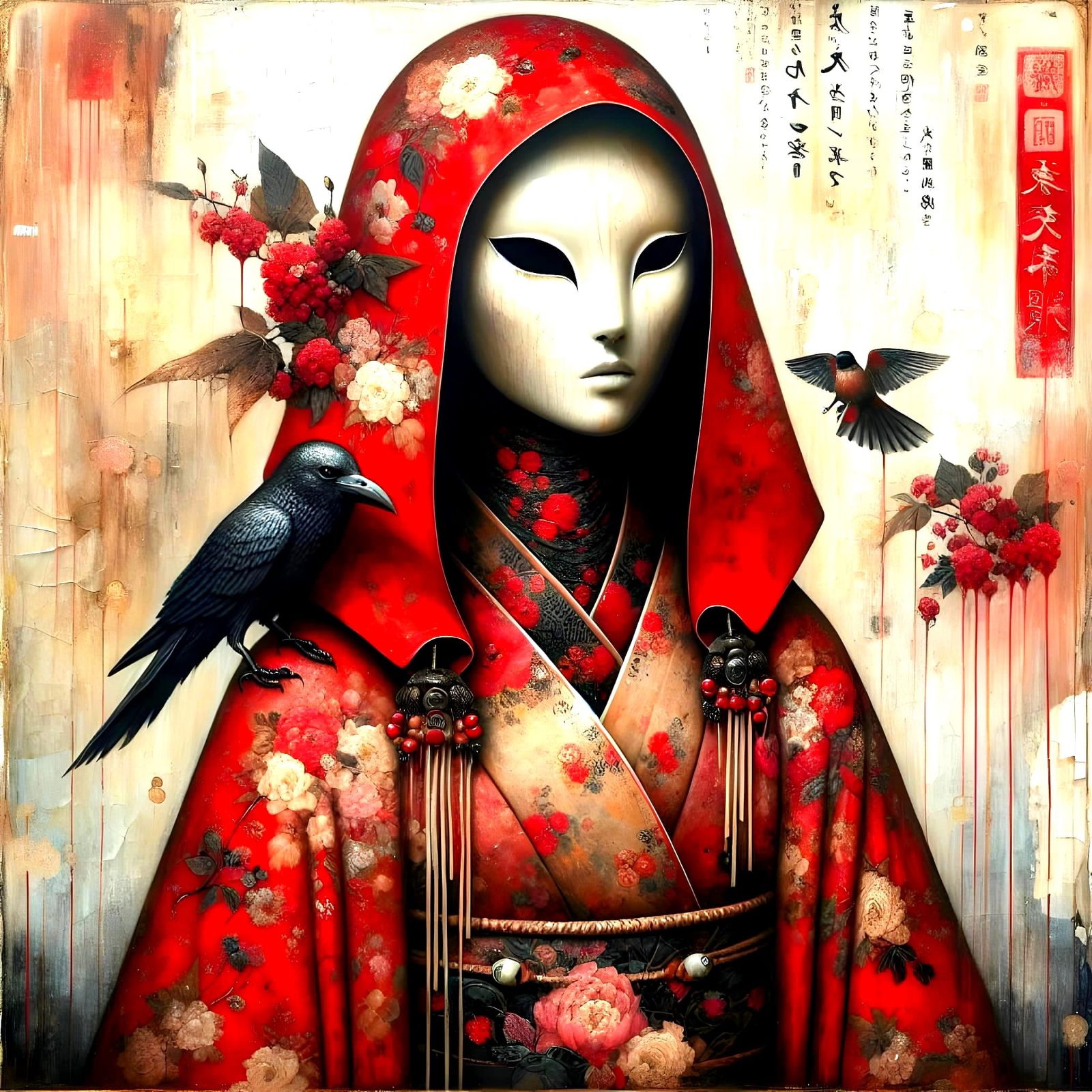 Eerie Kimono Figure with Raven in Japanese Style