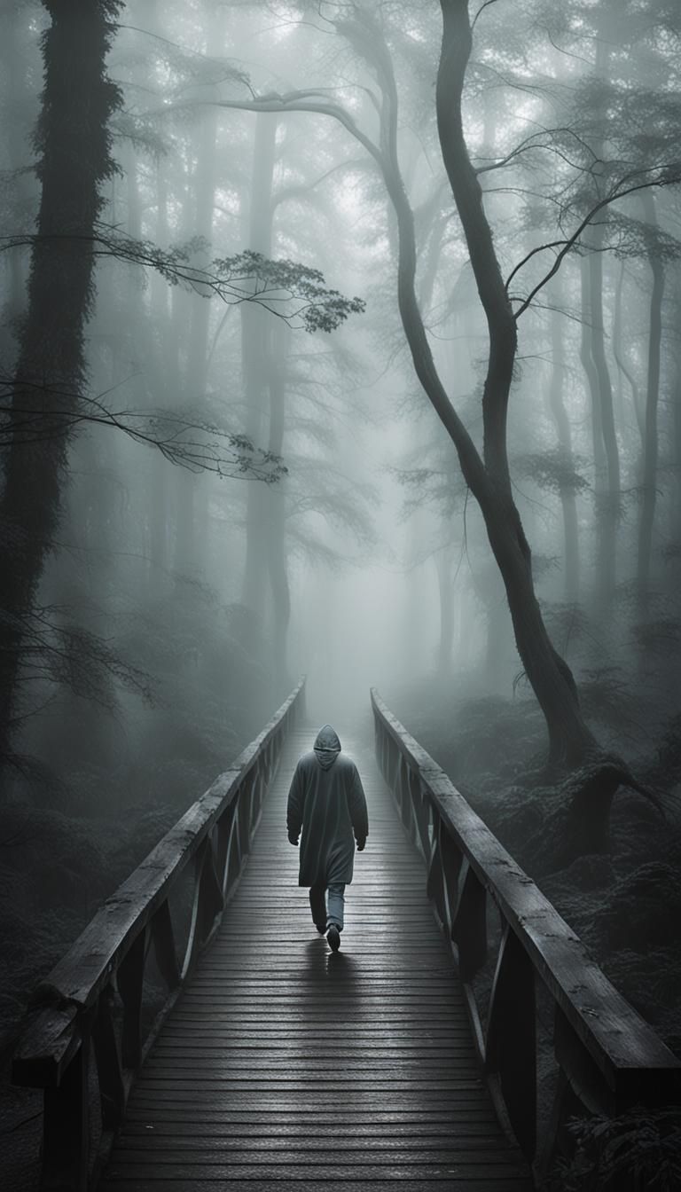 Eerie Figure Walks Fog-Covered Forest Bridge