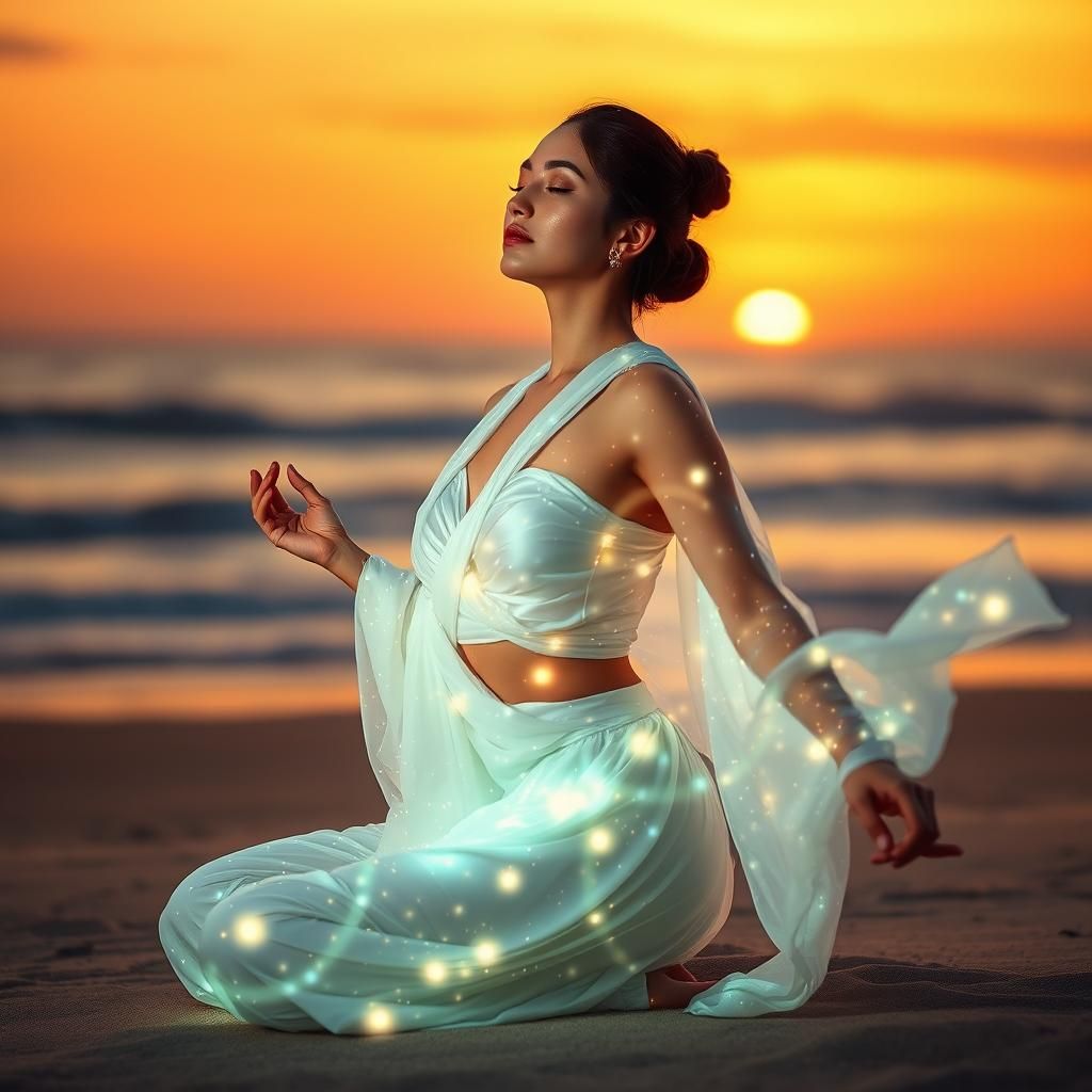 Serene Woman Meditating on Beach at Dusk