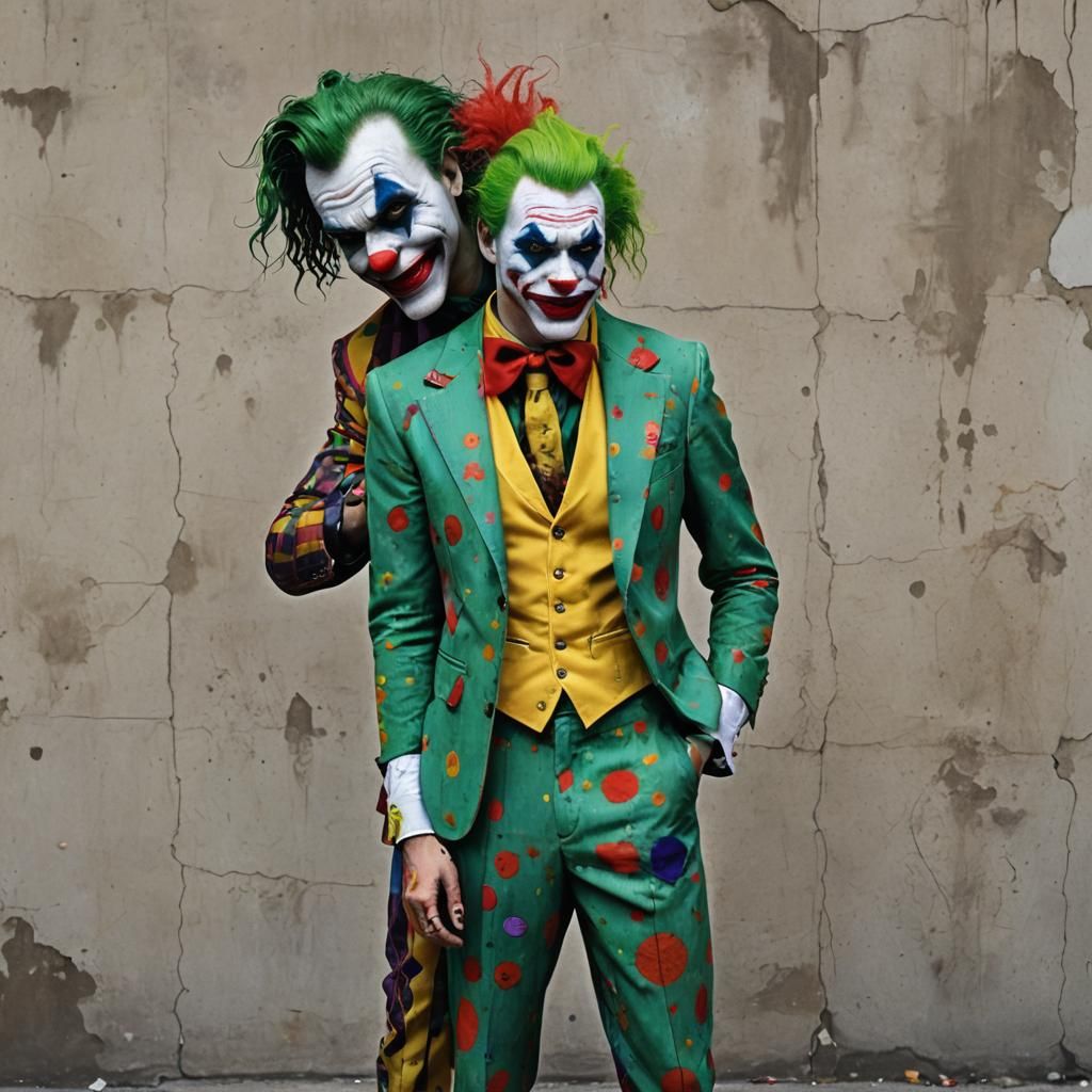 Joker and Woman in Red Jumpsuit in Urban Setting