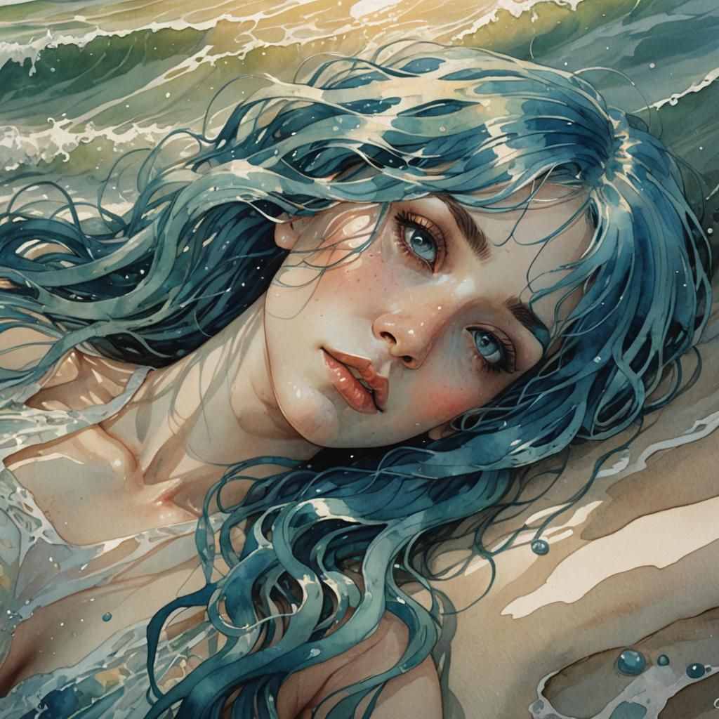 Surreal Woman with Blue Hair as Watercolor Art
