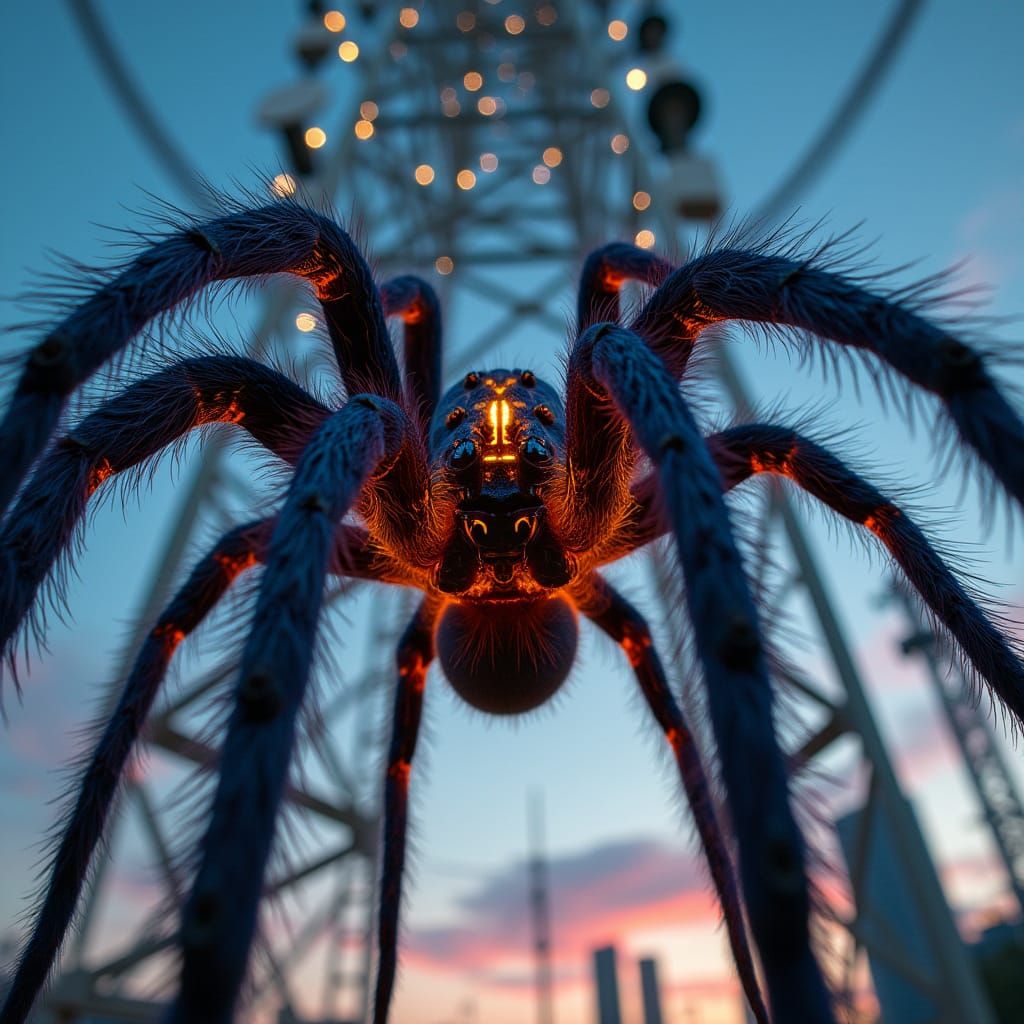 Giant Tarantula Ascends Cyberpunk Skyscraper in Hyper-Detail...