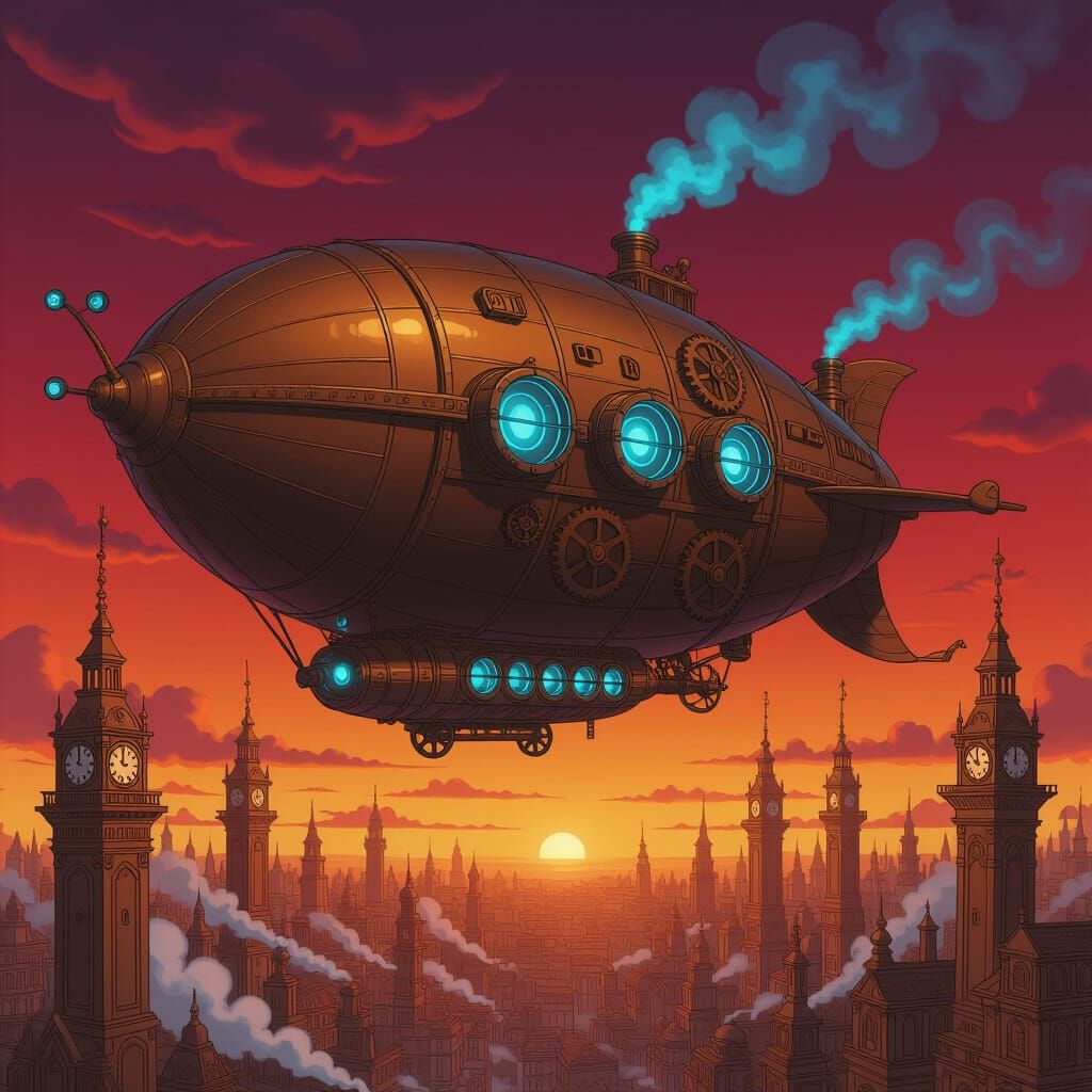 Steampunk Snail Airship Over Clockwork Metropolis