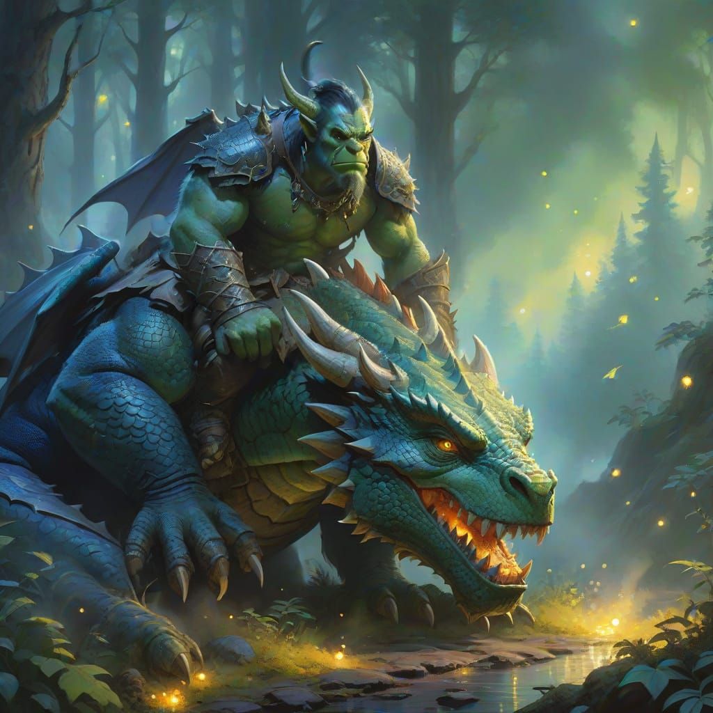 Orc and Dragon in Misty Forest, Kinkade Style