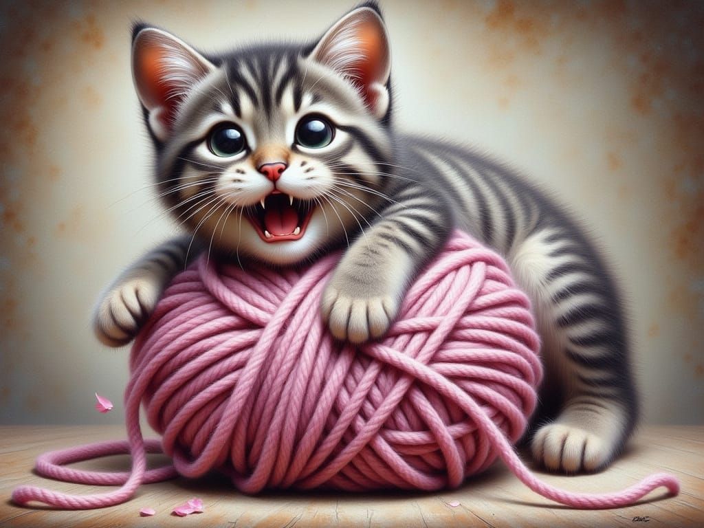 Cute Gray Tabby Kitten in Whimsical Acrylic Art