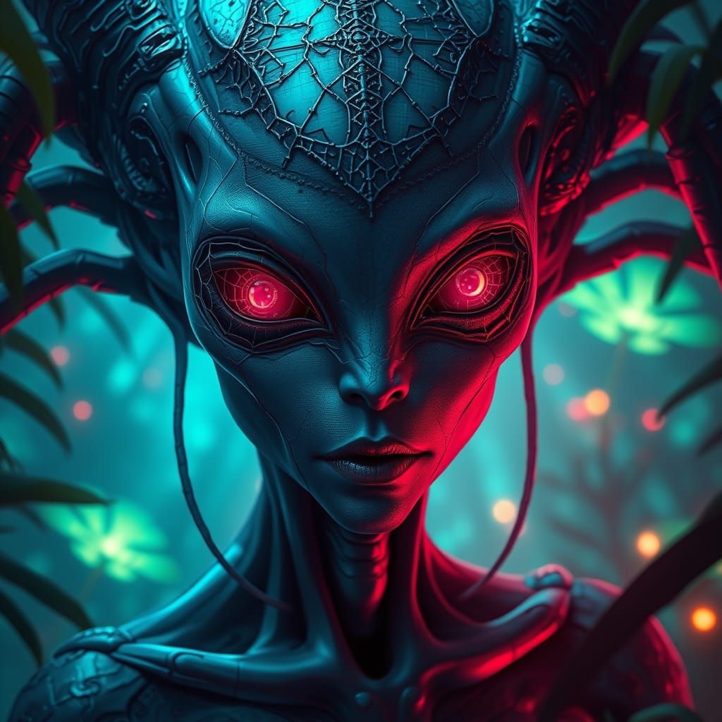 Alien Huntress with Spiderweb Features in Bioluminescent Jun...